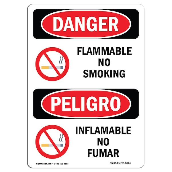 Safety Sign, OSHA Danger, 24" Height, Aluminum, Flammable No Smoking Bilingual Spanish